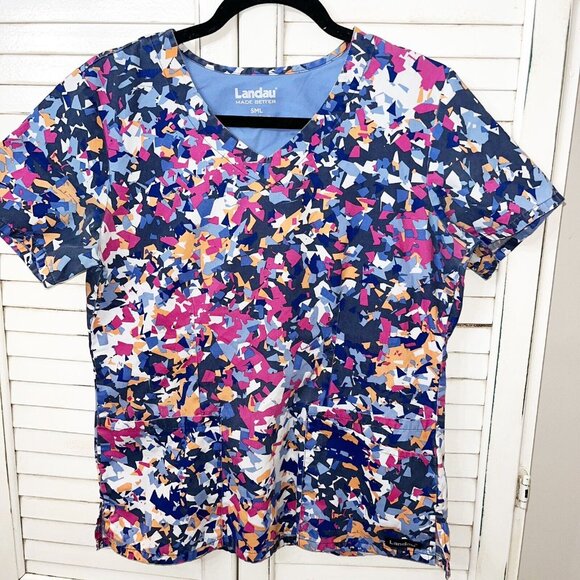 Women's Scrub Top Landau Geometric Print Navy Jewel Tones Small - Picture 1 of 4